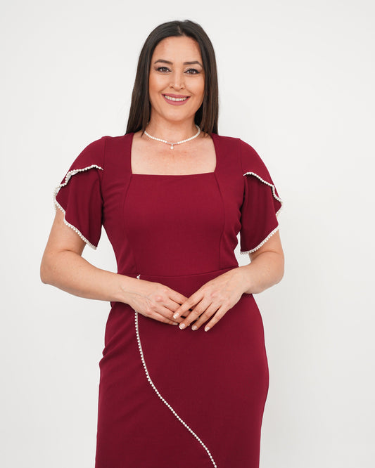 İnci Detaylı Kısa Kol Abiye Elbise