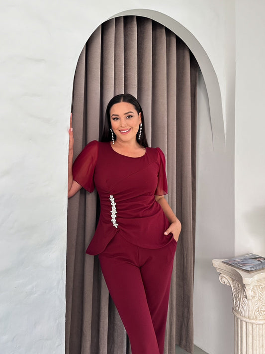 Taş Detaylı Kolu Şifon Abiye Takım