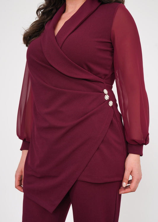 Kolu Tüllü Düğme Detaylı Abiye Takım