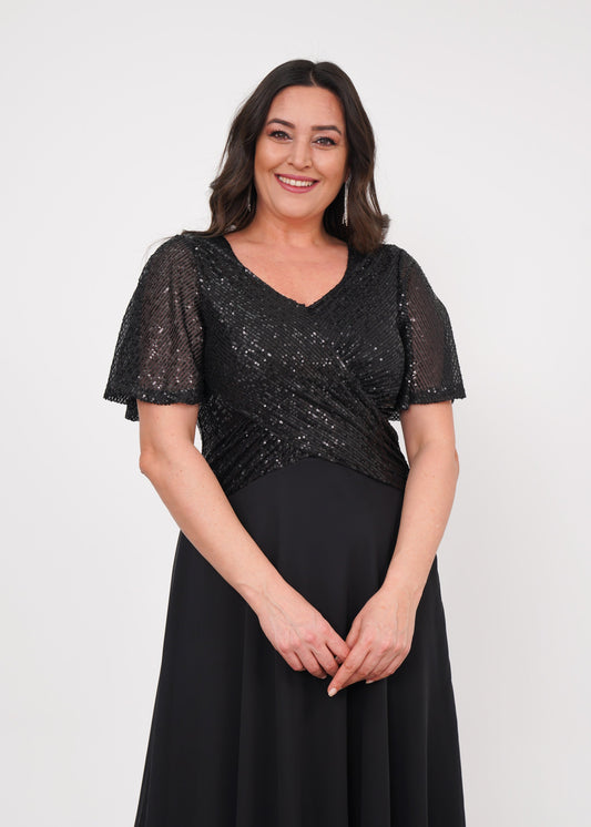 Üstü Payetli Yarım Kol Uzun Şifon Abiye