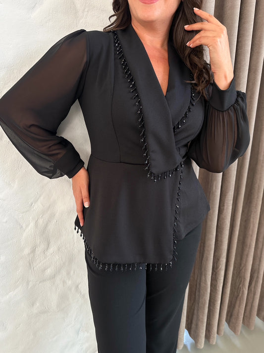 Uzun Kollu Taşlı Abiye Takım