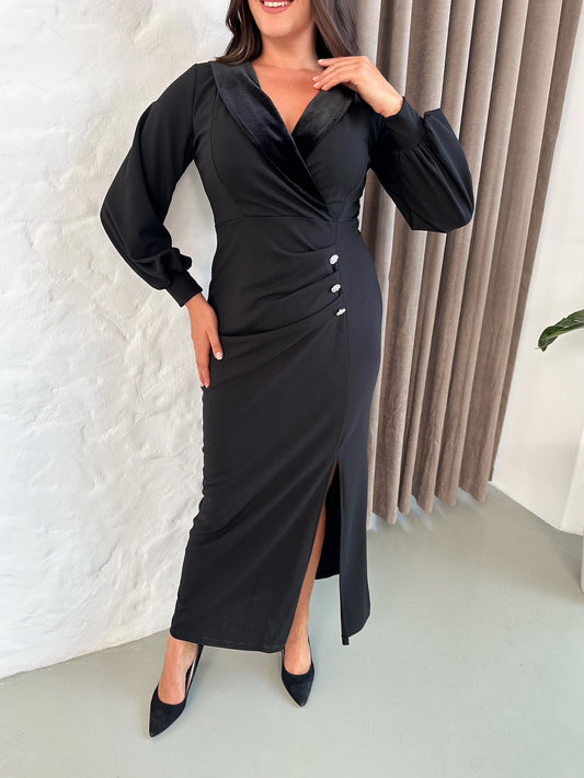 Kumaş Kol Kadife Yaka Abiye Elbise