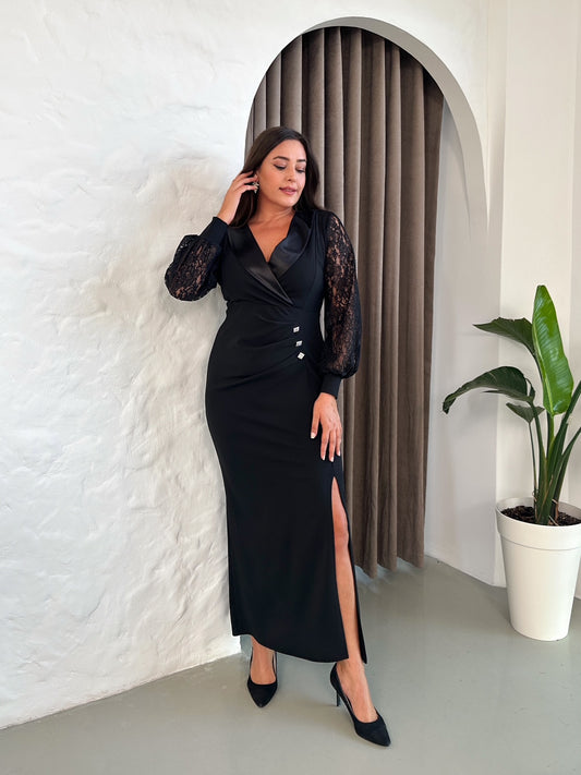 Dantel Kol Saten Yaka Abiye Elbise