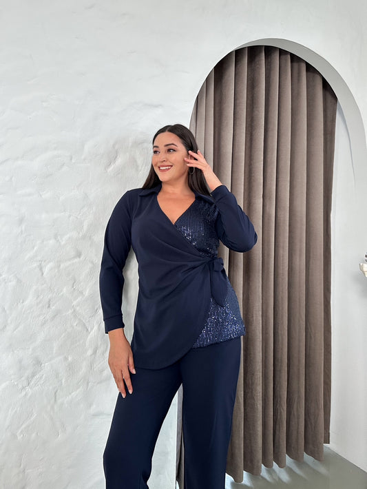 Yandan Payetli Uzun Kol Abiye Takım Lacivert