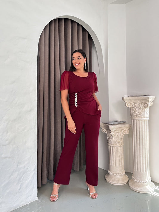 Taş Detaylı Kolu Şifon Abiye Takım