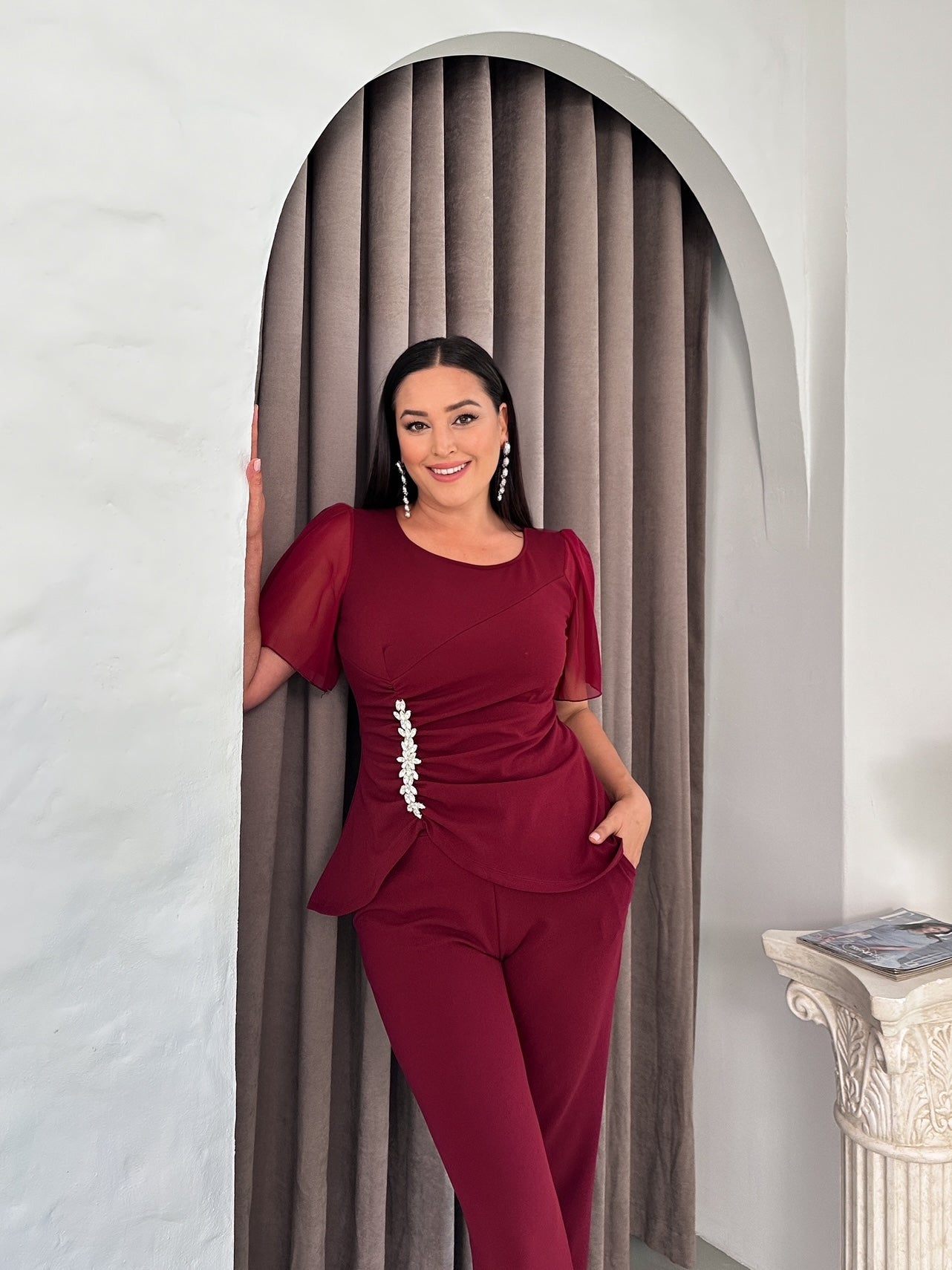 Taş Detaylı Kolu Şifon Abiye Takım