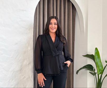 Uzun Kollu Sallantı Taşlı Abiye Bluz