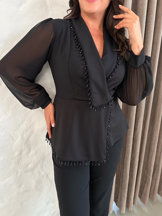 Uzun Kollu Sallantı Taşlı Abiye Bluz