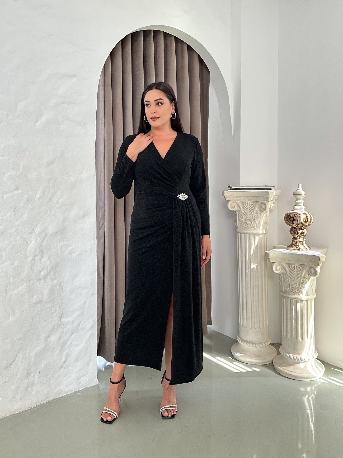 Buzzy Kumaş Taş Detaylı Abiye Elbise