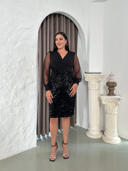 Kruvaze Yaka Payetli Abiye Elbise