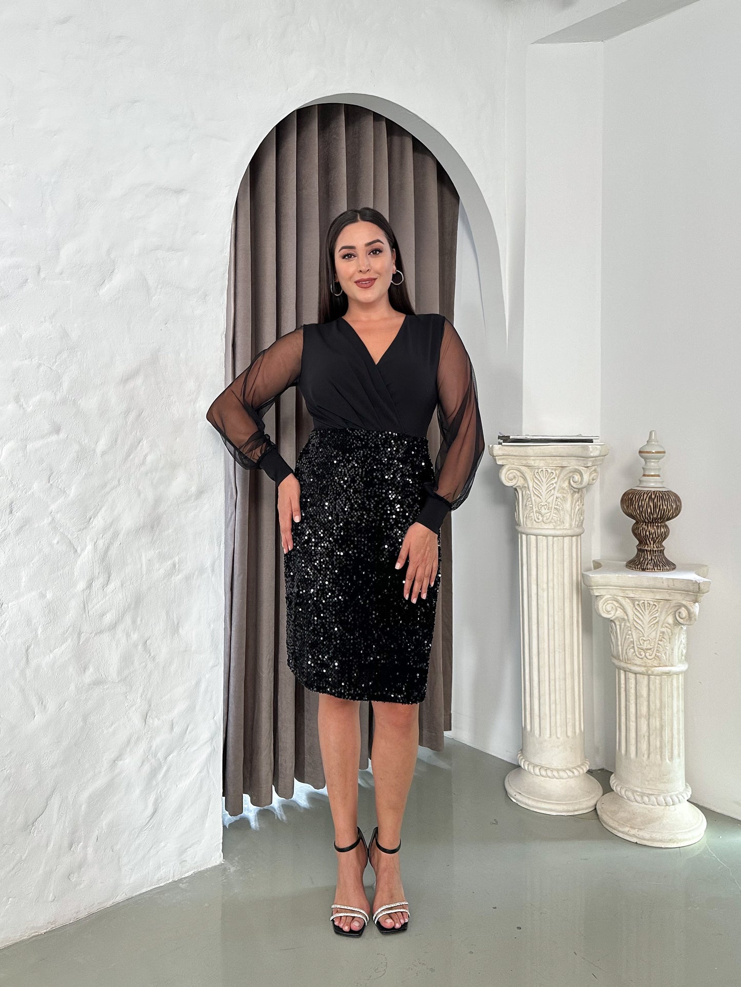 Kruvaze Yaka Payetli Abiye Elbise