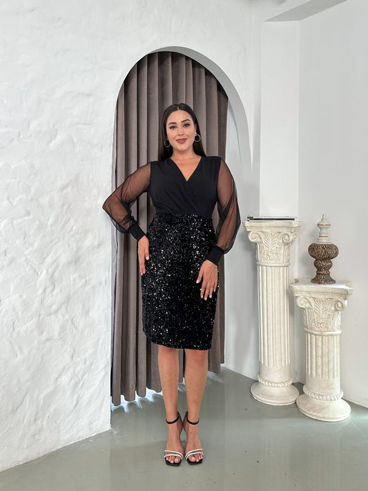Kruvaze Yaka Payetli Abiye Elbise