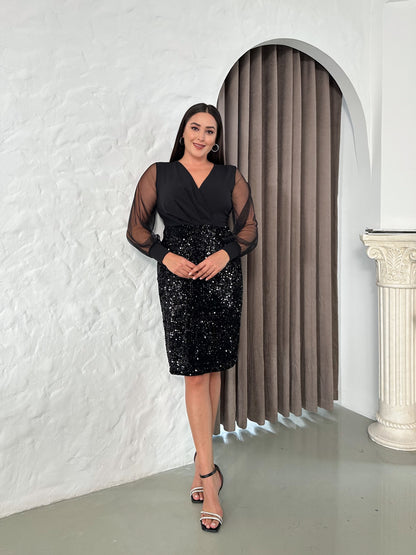 Kruvaze Yaka Payetli Abiye Elbise