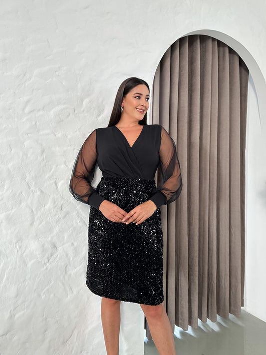 Kruvaze Yaka Payetli Abiye Elbise