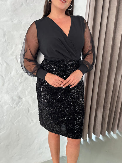 Kruvaze Yaka Payetli Abiye Elbise