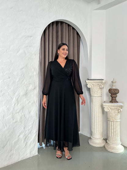 Uzun Kol Yandan Payetli Abiye Elbise