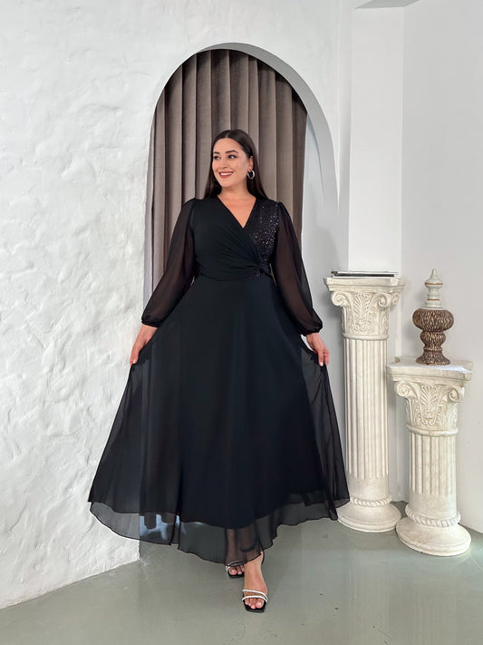 Uzun Kol Yandan Payetli Abiye Elbise