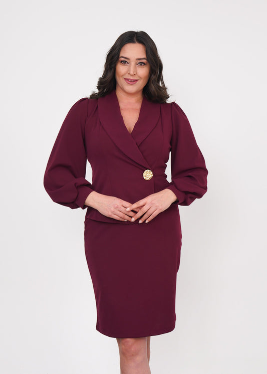 Gold Broşlu Gömlek Yaka Abiye Elbise